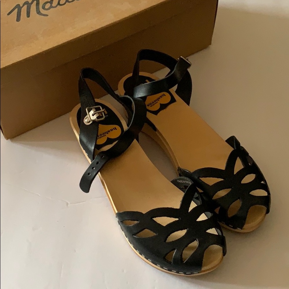 Swedish Hasbeens Black Leather Cutout Clog Sandals